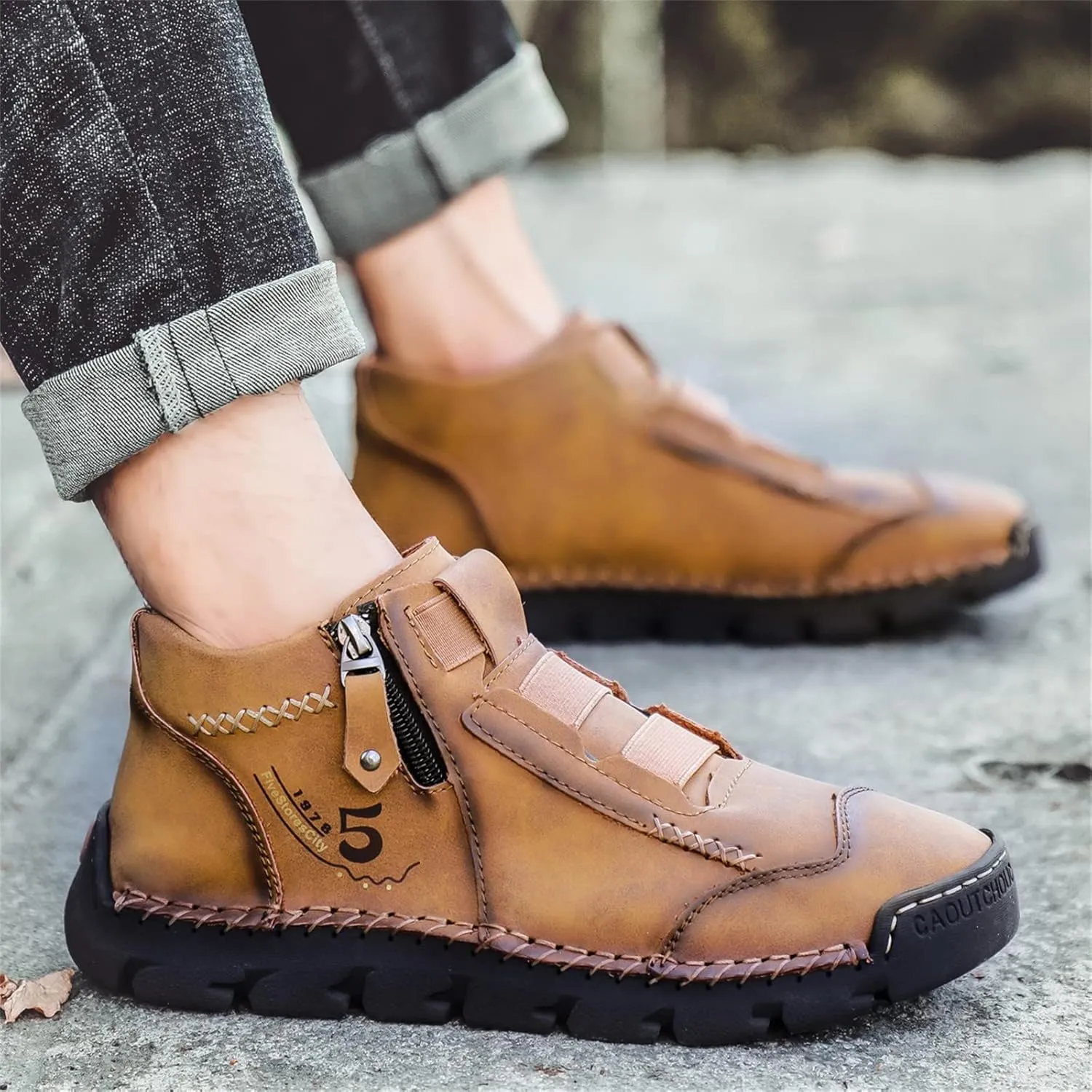 Black Leather Shoes for Men Casual Ankle Lace up Boots Slip on Lightweight Loafers Mid Top Walking Sneakers
