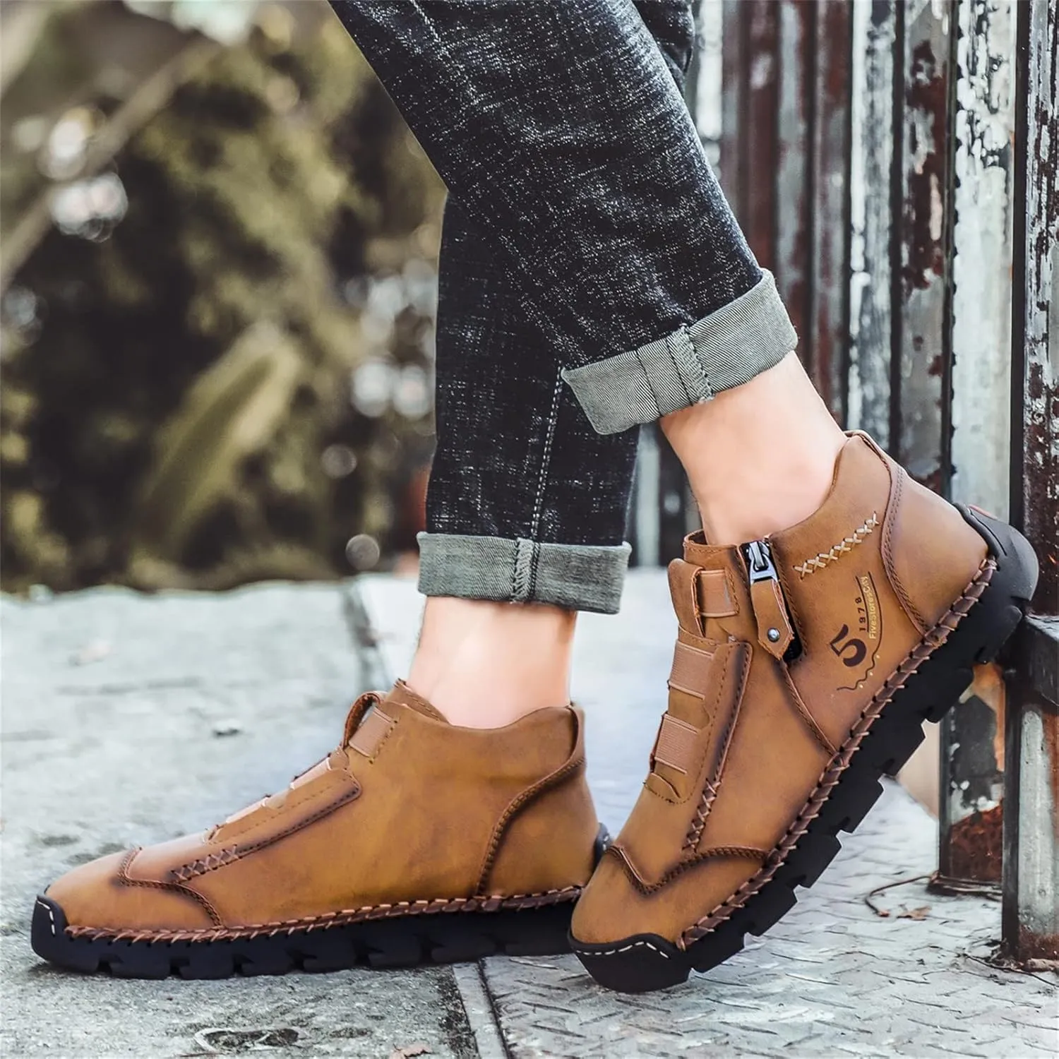 Black Leather Shoes for Men Casual Ankle Lace up Boots Slip on Lightweight Loafers Mid Top Walking Sneakers