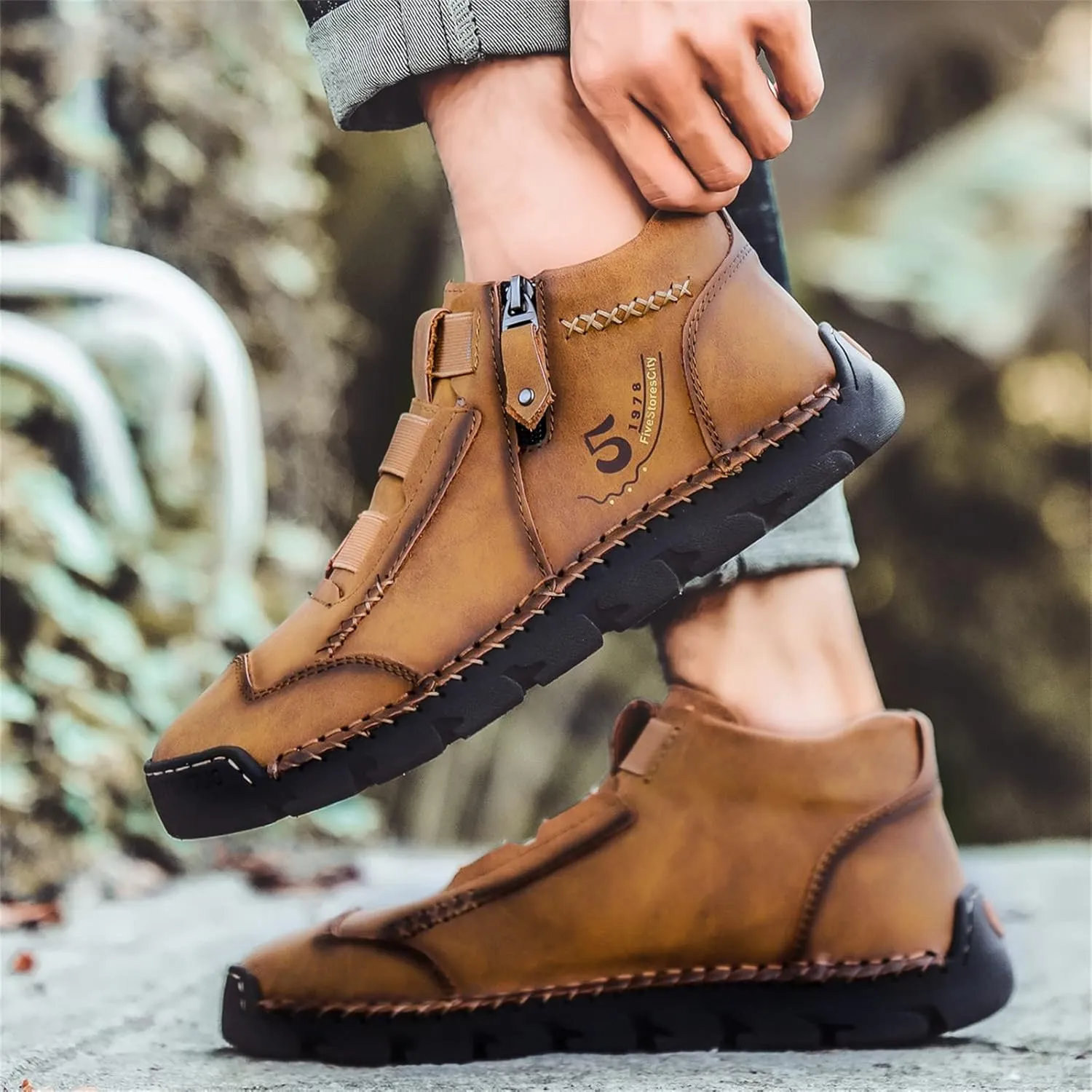Black Leather Shoes for Men Casual Ankle Lace up Boots Slip on Lightweight Loafers Mid Top Walking Sneakers