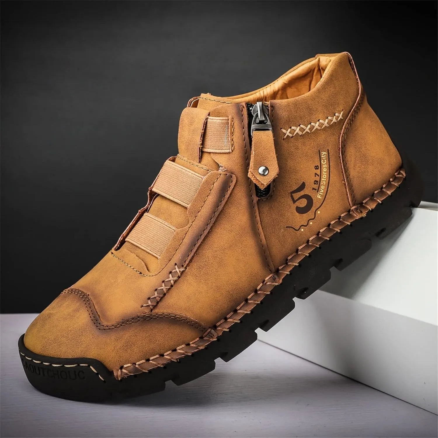 Black Leather Shoes for Men Casual Ankle Lace up Boots Slip on Lightweight Loafers Mid Top Walking Sneakers