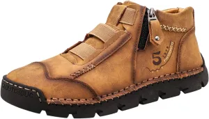 Black Leather Shoes for Men Casual Ankle Lace up Boots Slip on Lightweight Loafers Mid Top Walking Sneakers