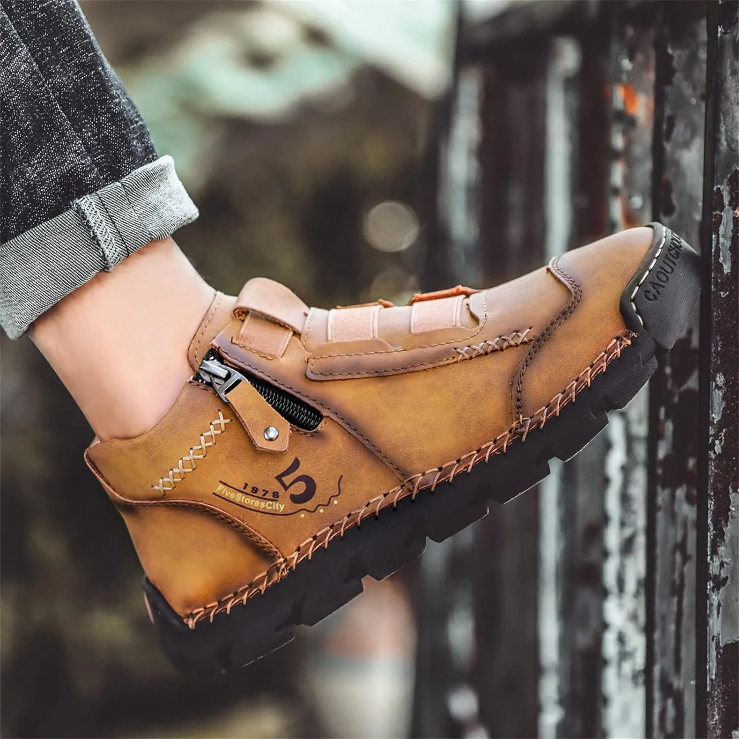 Black Leather Shoes for Men Casual Ankle Lace up Boots Slip on Lightweight Loafers Mid Top Walking Sneakers
