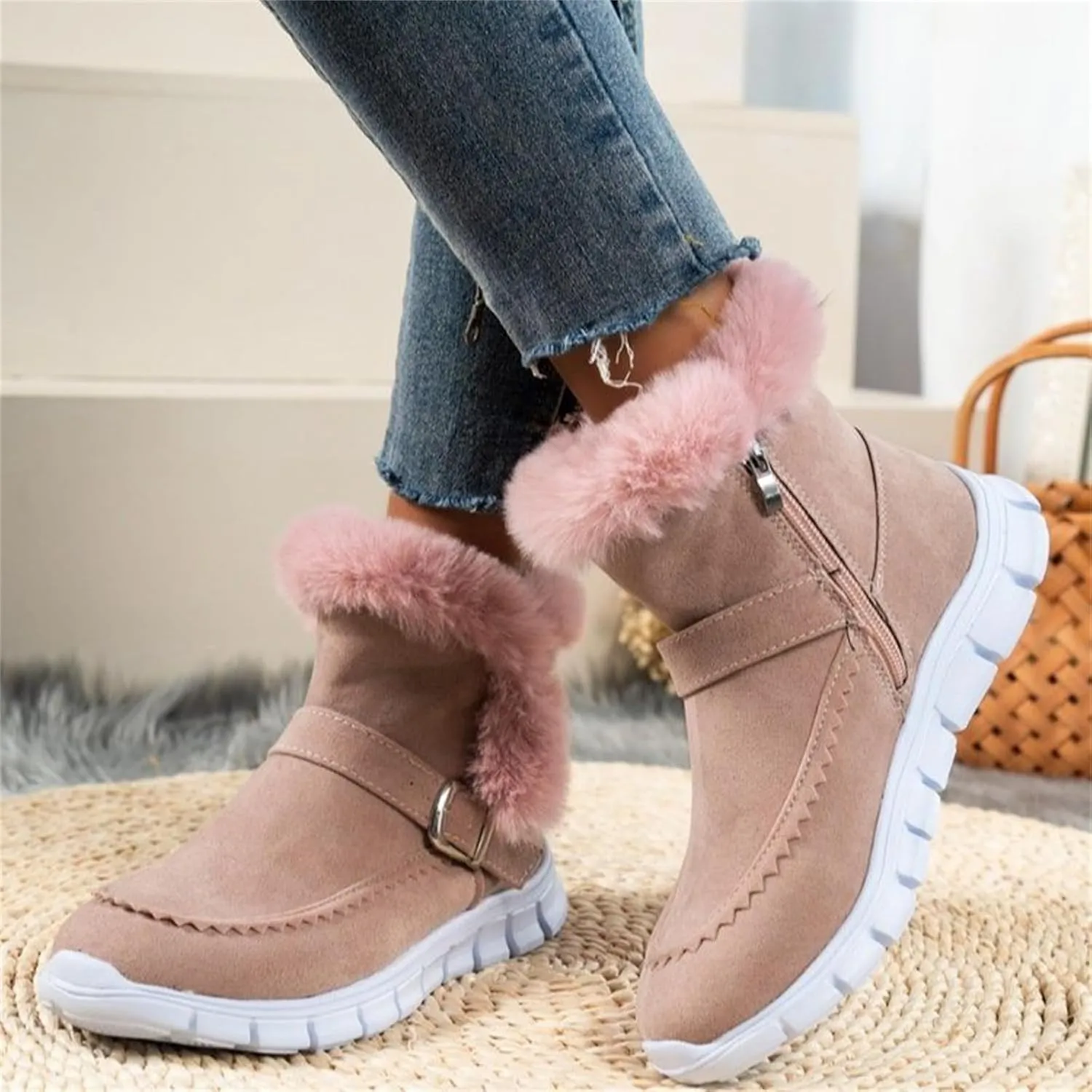Boots For Women Ankle Booties With Fur Lined Snow Boots Anti-Slip Outdoor Winter Boots Warm Comfortable Loafers Shoes