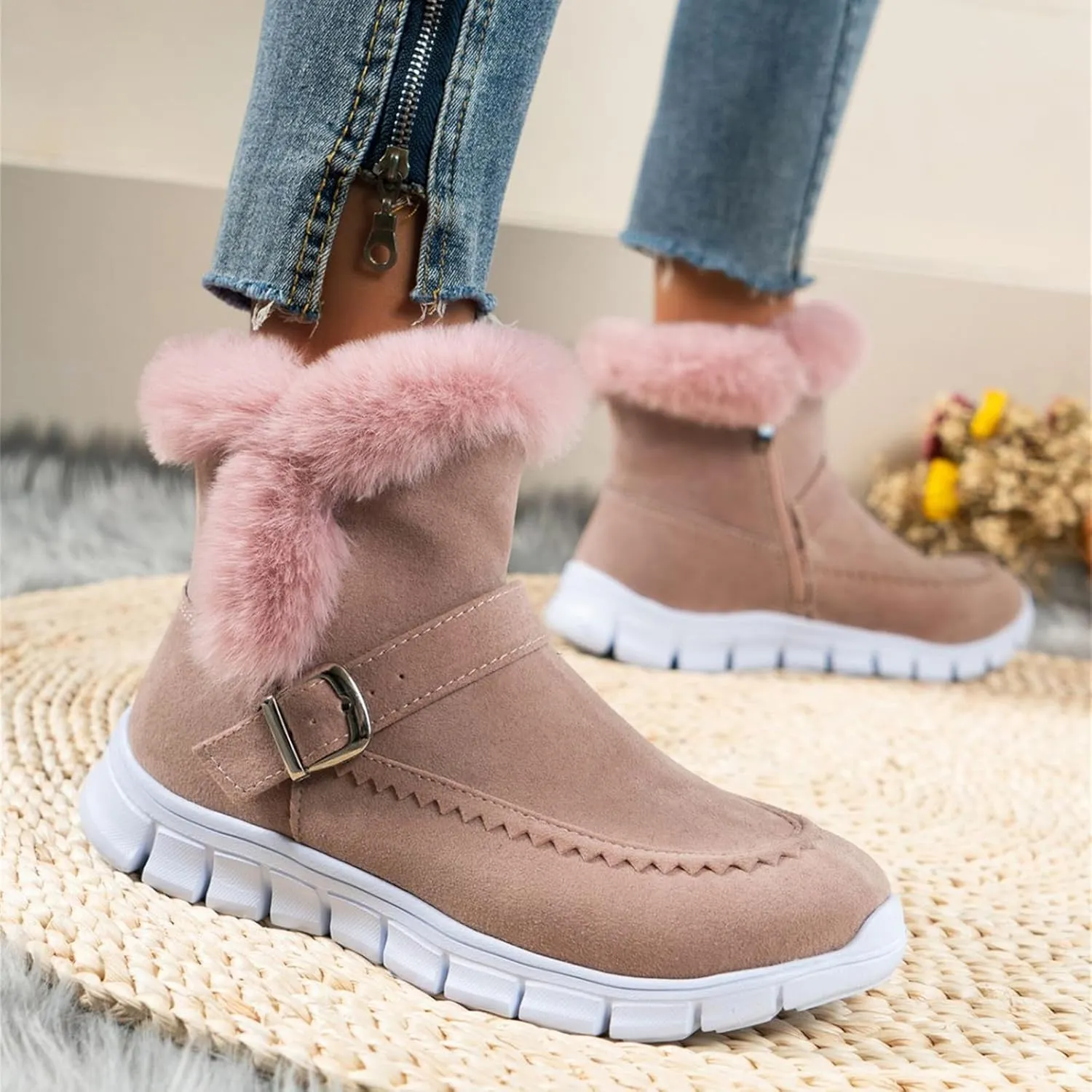Boots For Women Ankle Booties With Fur Lined Snow Boots Anti-Slip Outdoor Winter Boots Warm Comfortable Loafers Shoes