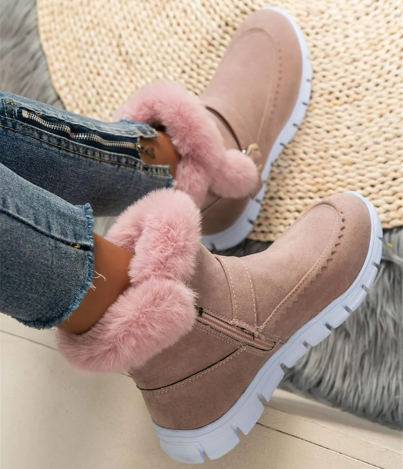 Boots For Women Ankle Booties With Fur Lined Snow Boots Anti-Slip Outdoor Winter Boots Warm Comfortable Loafers Shoes