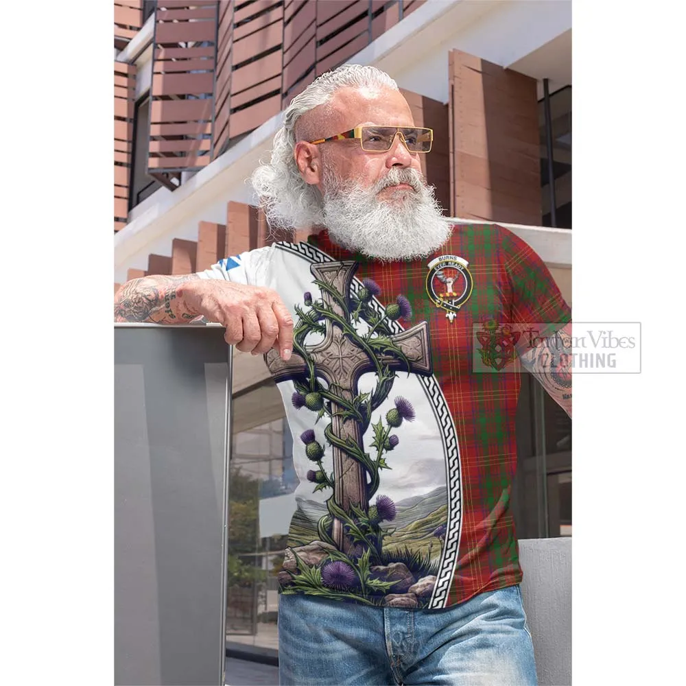 Burns Tartan Cotton T-shirt with Family Crest and St. Andrew's Cross Accented by Thistle Vines