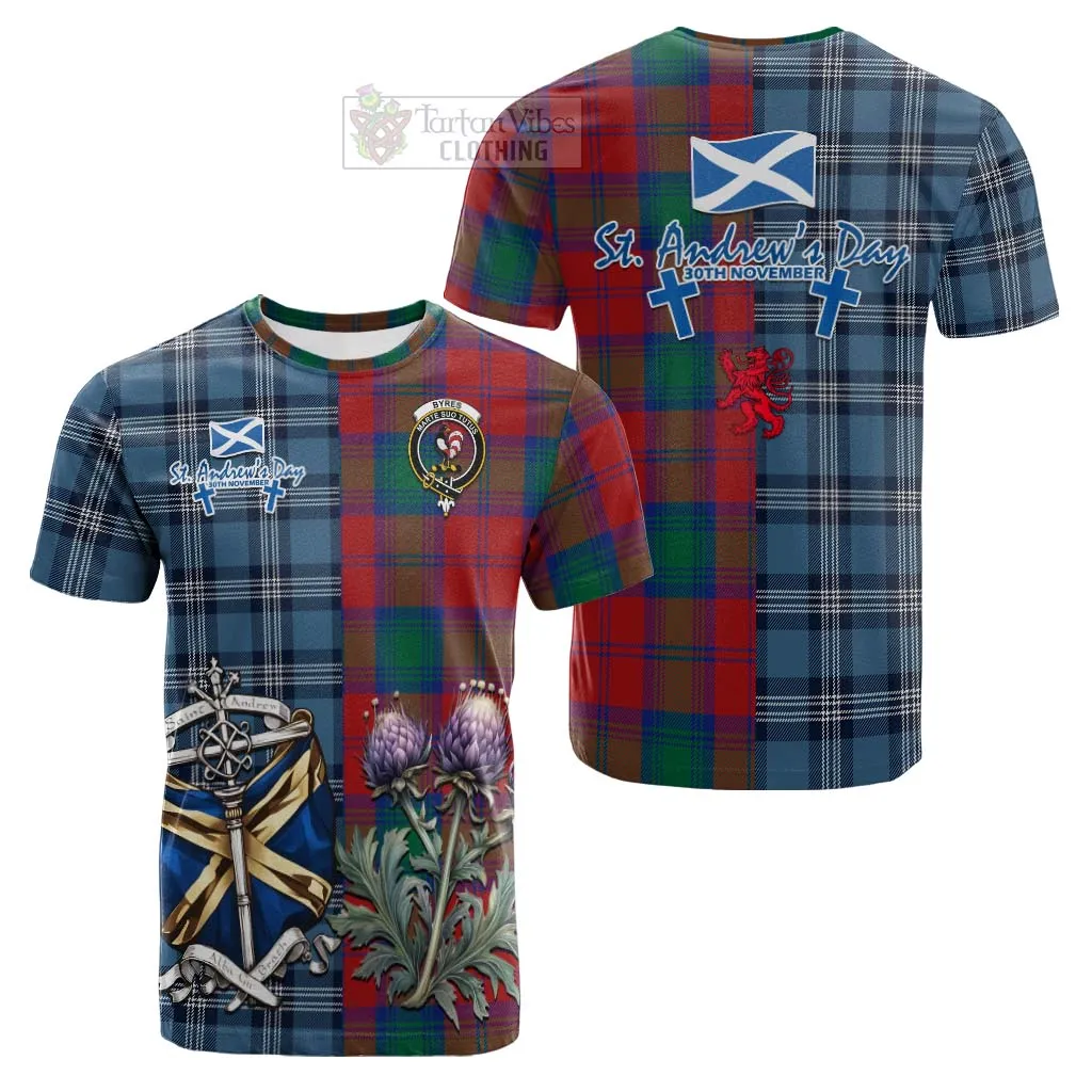 Byres (Byses) Tartan Cotton T-shirt Happy St. Andrew's Day Half Tartan Style