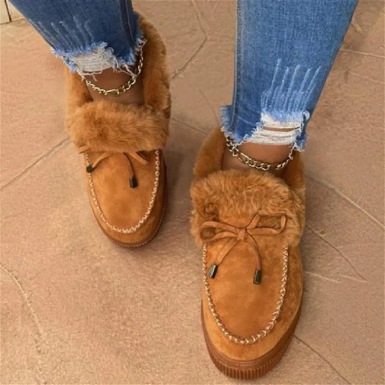 Lausiuoe Boots For Women Ankle Booties With Fur Lined Warm Slip On Comfortable Winter Snow Boots Fashion Casual Loafers Shoes