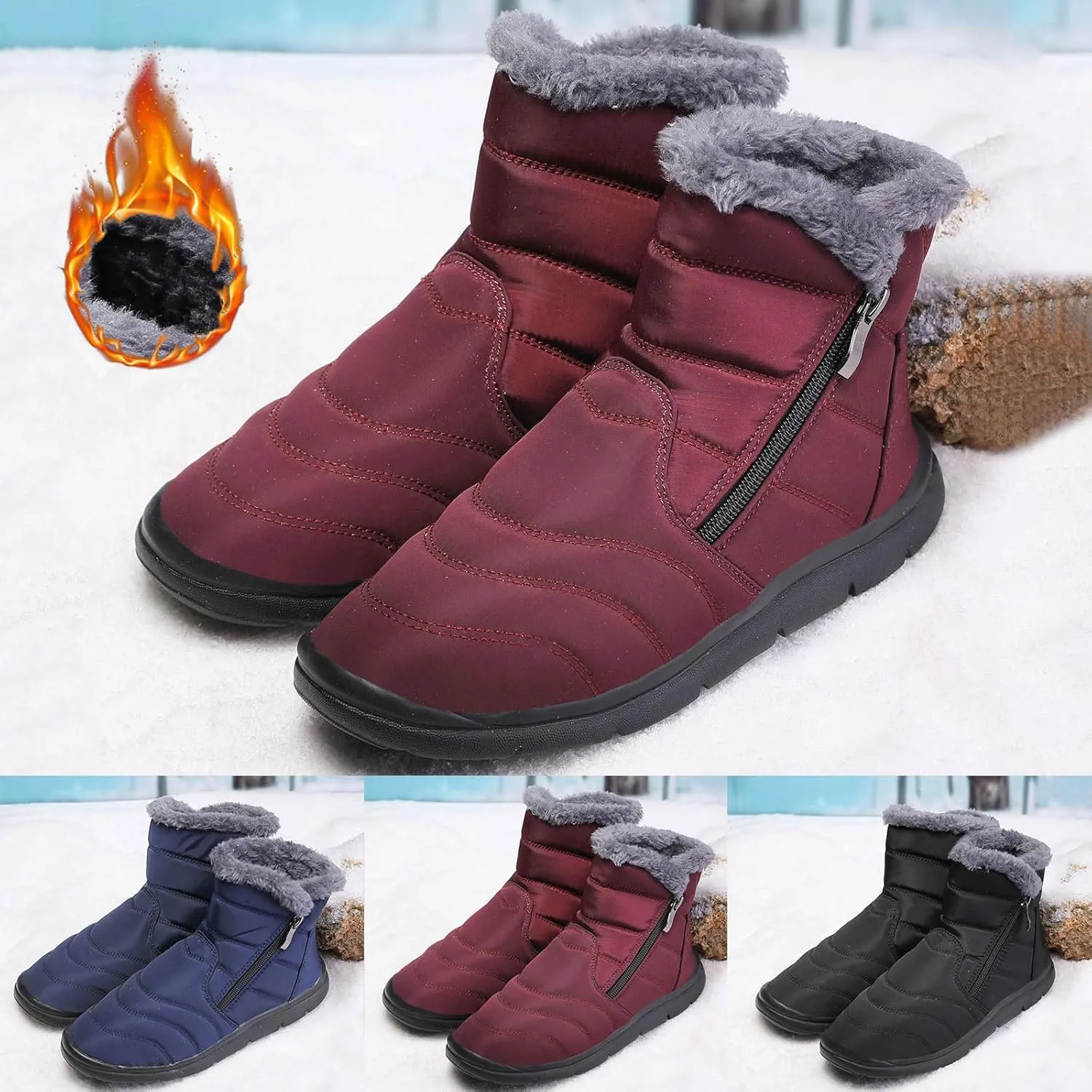Snow Boots Womens Warm Fur Lined Winter Boots Waterproof Ankle Boots Outdoor Booties Comfortable Walking Hiking Shoes Cold-Weather Boots for Women Zip Flat Sneakers Lightweight