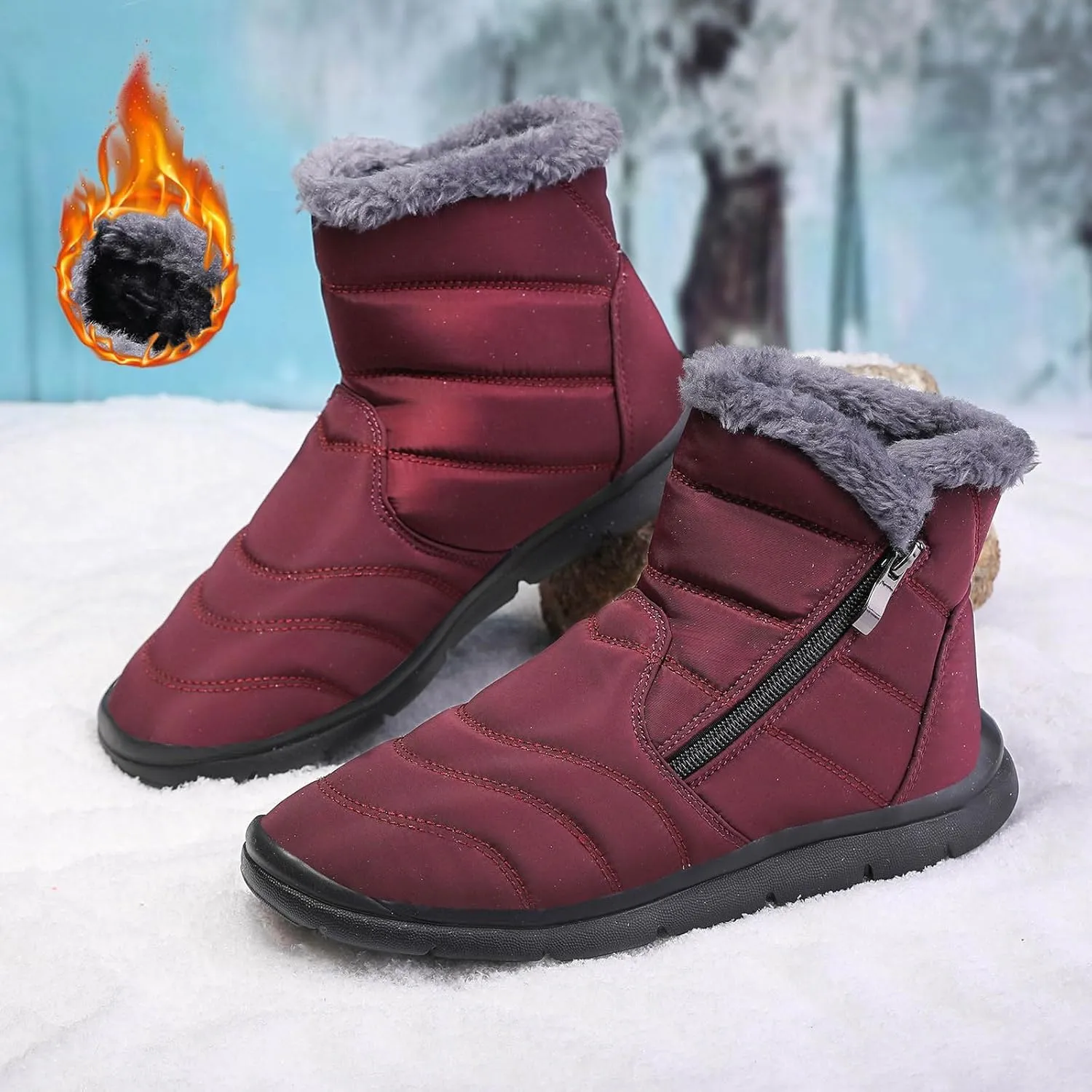 Snow Boots Womens Warm Fur Lined Winter Boots Waterproof Ankle Boots Outdoor Booties Comfortable Walking Hiking Shoes Cold-Weather Boots for Women Zip Flat Sneakers Lightweight