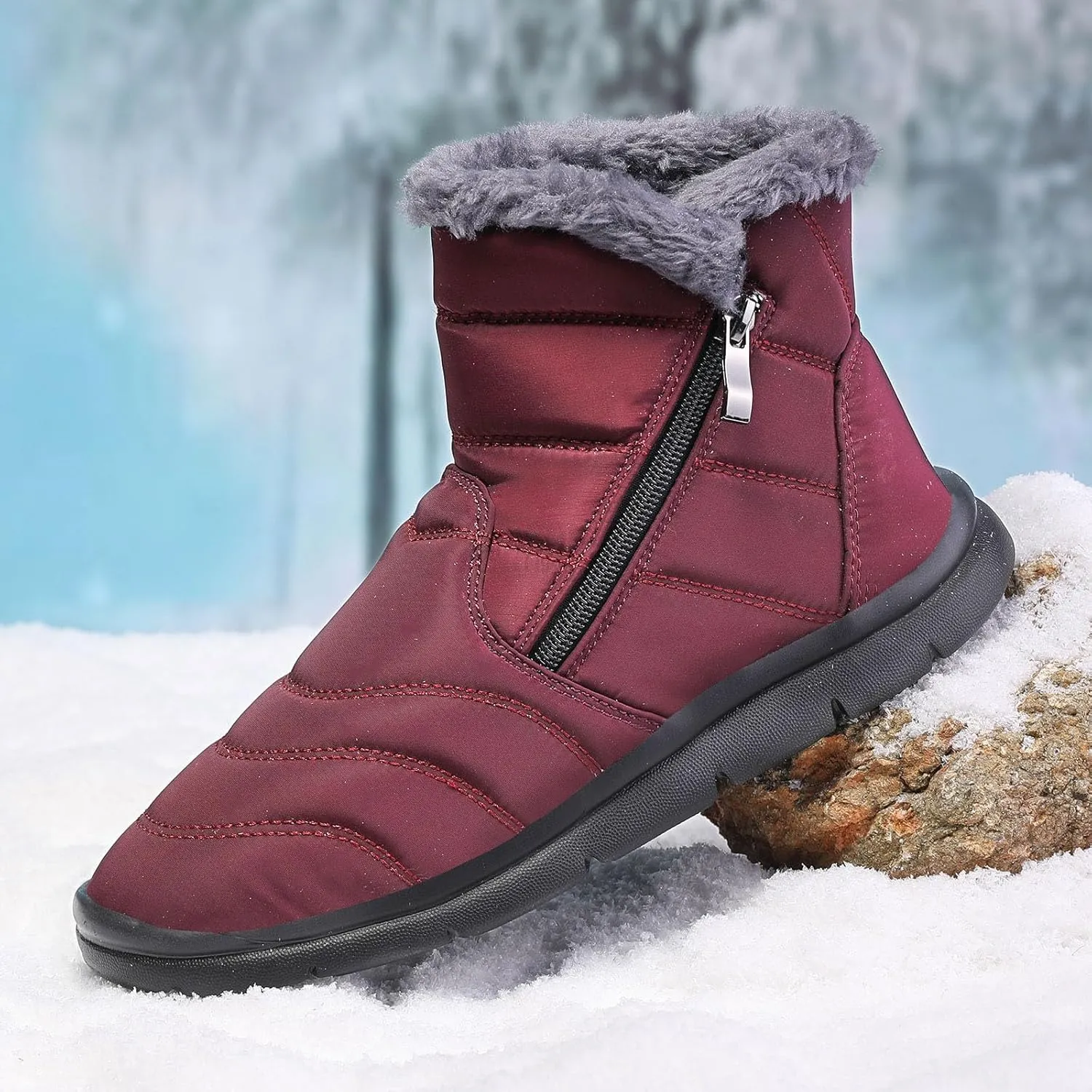 Snow Boots Womens Warm Fur Lined Winter Boots Waterproof Ankle Boots Outdoor Booties Comfortable Walking Hiking Shoes Cold-Weather Boots for Women Zip Flat Sneakers Lightweight