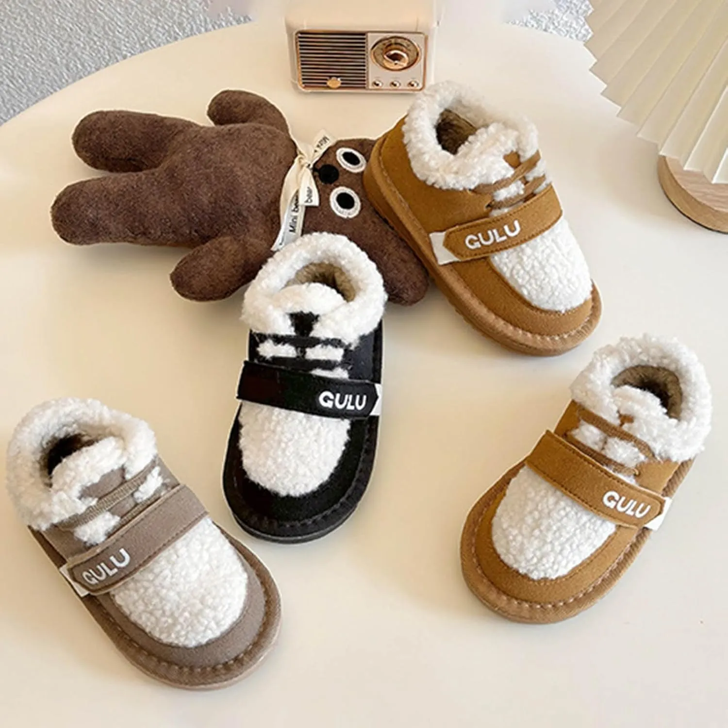 Snow Sneakers for Boys Girls, Suede Platform Warm Fr Lined Fashion Slip-on Comfortable Winter Flat Creature Boots