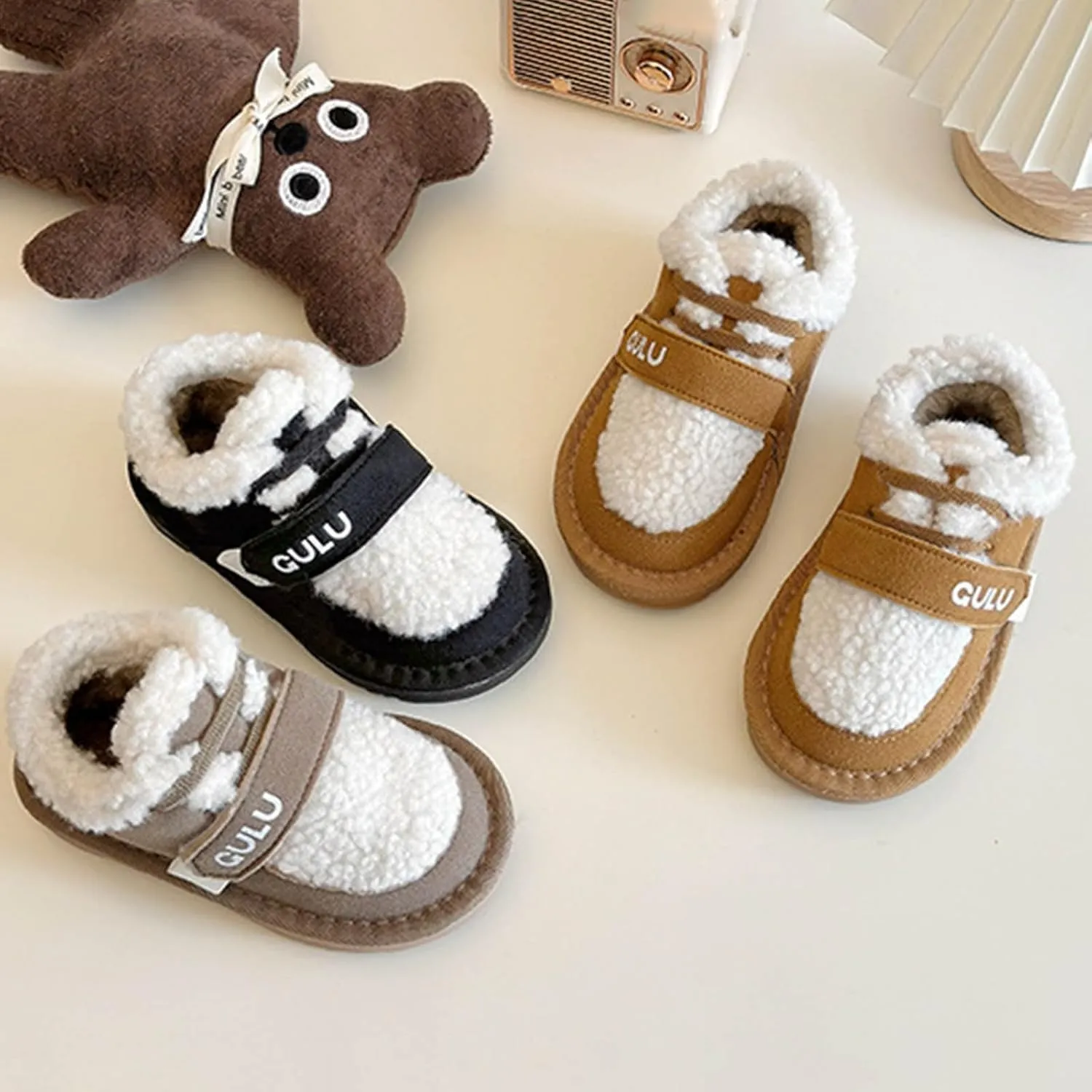 Snow Sneakers for Boys Girls, Suede Platform Warm Fr Lined Fashion Slip-on Comfortable Winter Flat Creature Boots