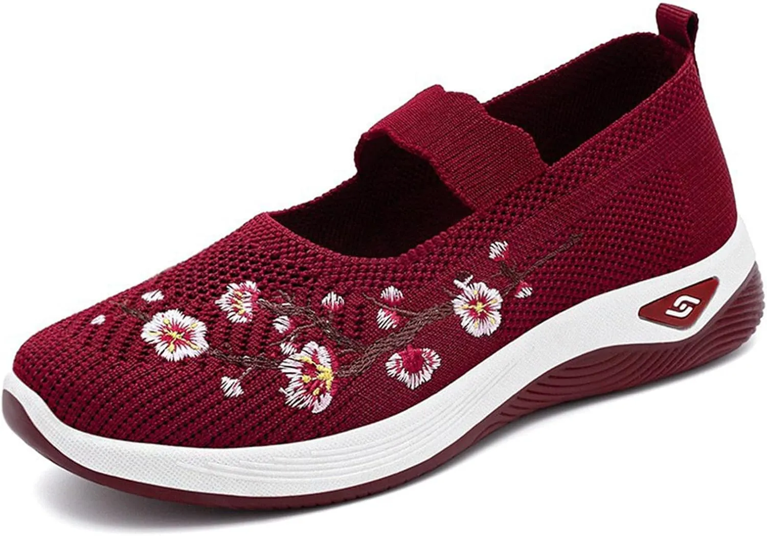 Walking Shoes Women Lightweight Breathable Knit Mesh Flat Loafers Comfy Mary Jane Non Slip Memory Foam Mom Walking Nurse Shoes Casual Soft Cushion Sneakers Wine Red