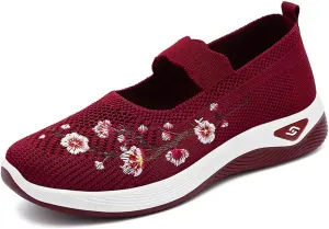 Walking Shoes Women Lightweight Breathable Knit Mesh Flat Loafers Comfy Mary Jane Non Slip Memory Foam Mom Walking Nurse Shoes Casual Soft Cushion Sneakers Wine Red